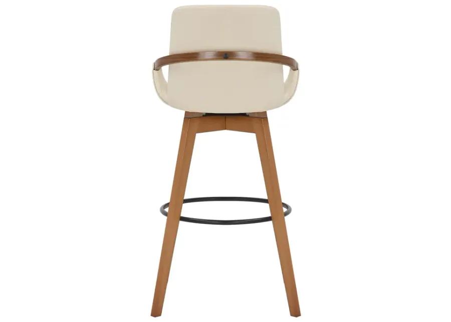 Baylor 30" Cream Faux Leather and Walnut Wood Swivel Bar Stool