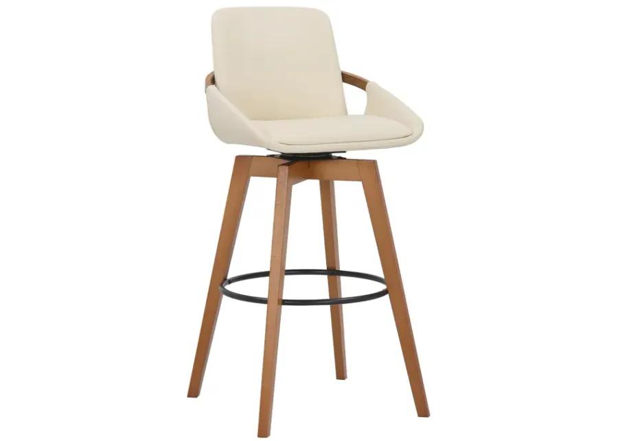 Baylor 30" Cream Faux Leather and Walnut Wood Swivel Bar Stool