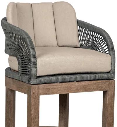 Orbit Outdoor Patio 30" Bar Stool in Weathered Eucalyptus Wood with Gray Rope and Taupe Olefin Cushions