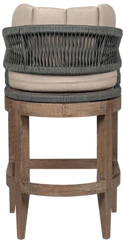 Orbit Outdoor Patio 30" Bar Stool in Weathered Eucalyptus Wood with Gray Rope and Taupe Olefin Cushions