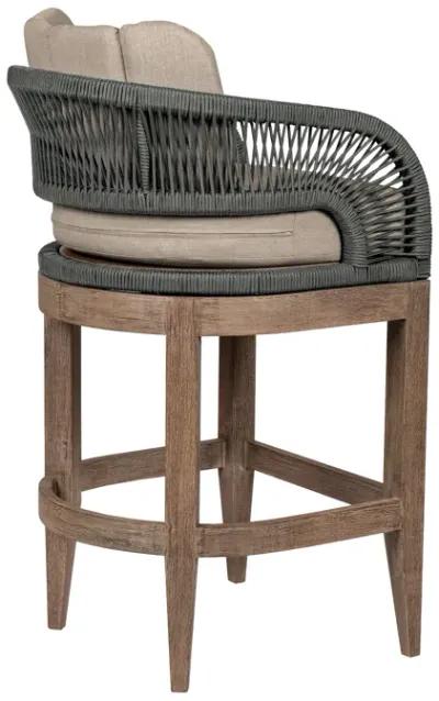 Orbit Outdoor Patio 30" Bar Stool in Weathered Eucalyptus Wood with Gray Rope and Taupe Olefin Cushions