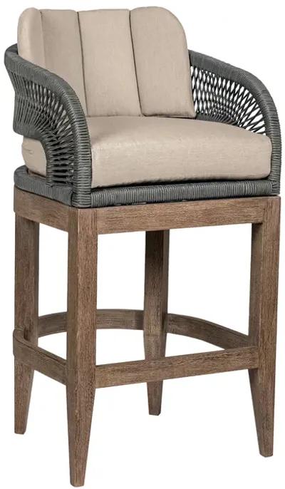 Orbit Outdoor Patio 30" Bar Stool in Weathered Eucalyptus Wood with Gray Rope and Taupe Olefin Cushions