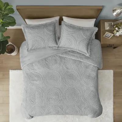 Madison Park Arya Grey Embroidered Medallion Faux Fur Ultra Plush Comforter Mini Set