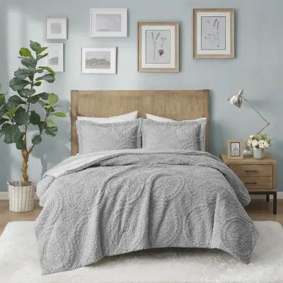 Madison Park Arya Grey Embroidered Medallion Faux Fur Ultra Plush Comforter Mini Set