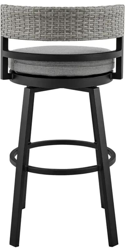 Encinitas Outdoor Patio Swivel Bar Stool in Aluminum and Wicker with Grey Cushions