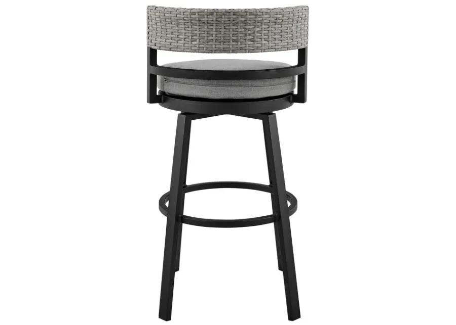 Encinitas Outdoor Patio Swivel Bar Stool in Aluminum and Wicker with Grey Cushions