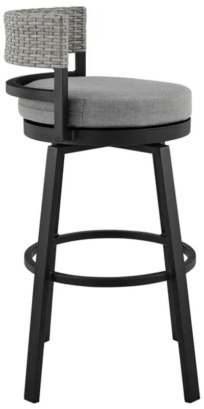 Encinitas Outdoor Patio Swivel Bar Stool in Aluminum and Wicker with Grey Cushions