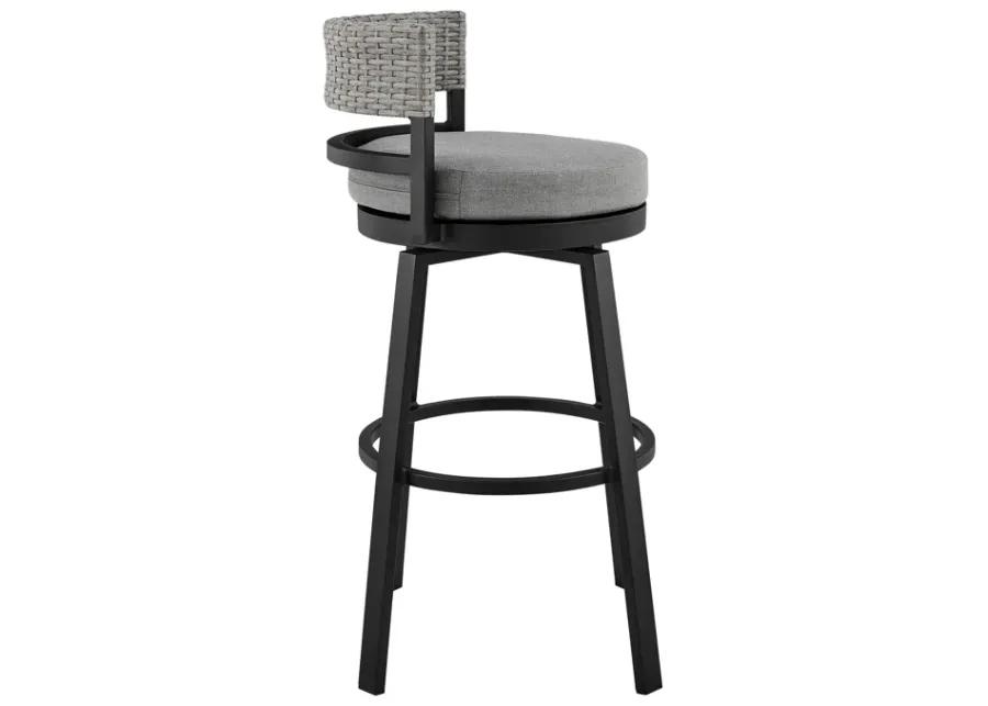 Encinitas Outdoor Patio Swivel Bar Stool in Aluminum and Wicker with Grey Cushions