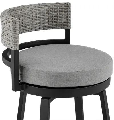 Encinitas Outdoor Patio Swivel Bar Stool in Aluminum and Wicker with Grey Cushions