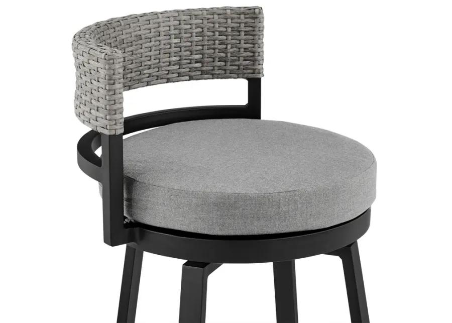 Encinitas Outdoor Patio Swivel Bar Stool in Aluminum and Wicker with Grey Cushions