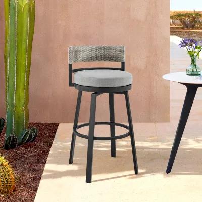 Encinitas Outdoor Patio Swivel Bar Stool in Aluminum and Wicker with Grey Cushions