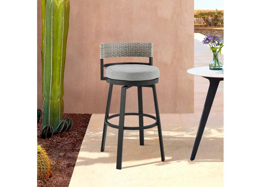 Encinitas Outdoor Patio Swivel Bar Stool in Aluminum and Wicker with Grey Cushions