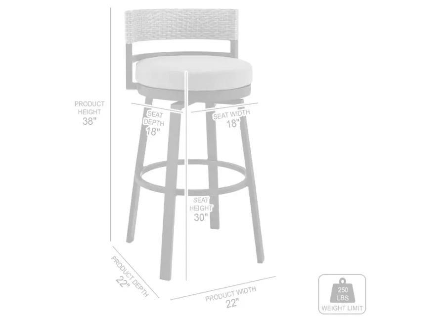 Encinitas Outdoor Patio Swivel Bar Stool in Aluminum and Wicker with Grey Cushions