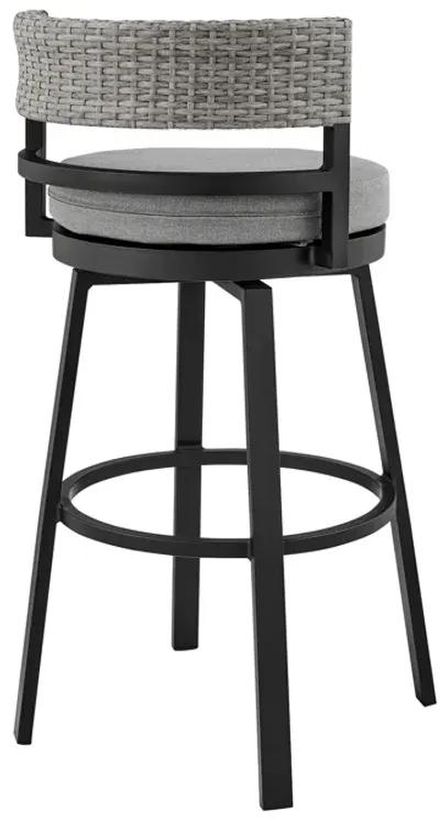 Encinitas Outdoor Patio Swivel Bar Stool in Aluminum and Wicker with Grey Cushions