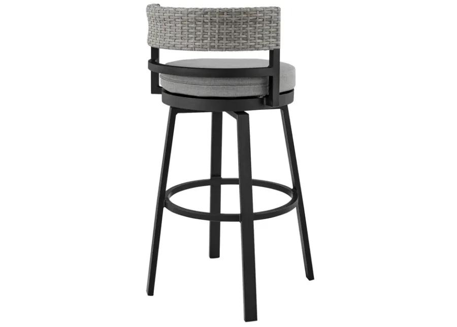 Encinitas Outdoor Patio Swivel Bar Stool in Aluminum and Wicker with Grey Cushions