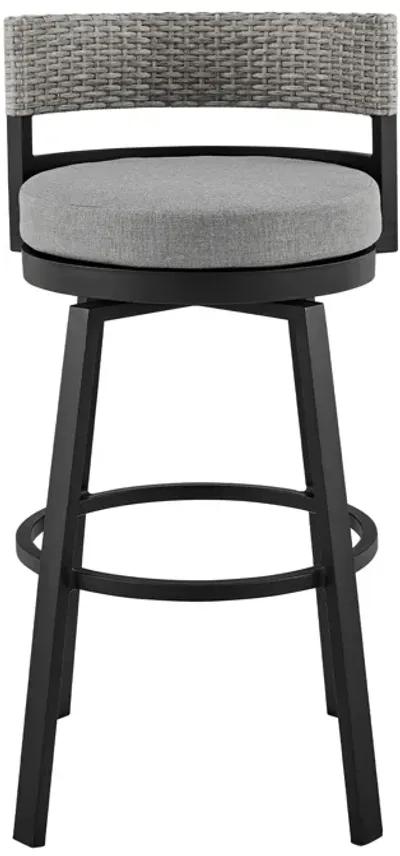 Encinitas Outdoor Patio Swivel Bar Stool in Aluminum and Wicker with Grey Cushions