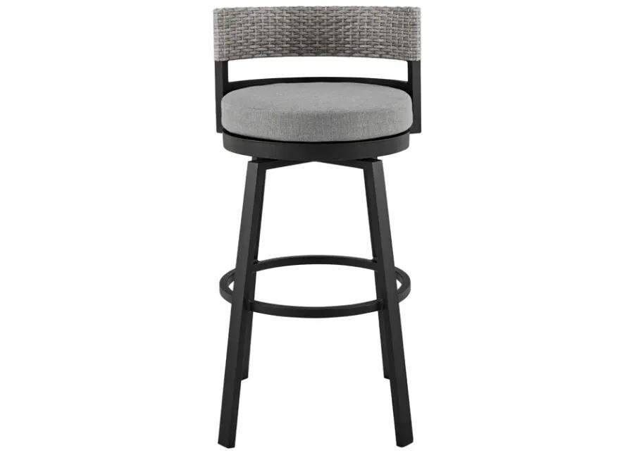 Encinitas Outdoor Patio Swivel Bar Stool in Aluminum and Wicker with Grey Cushions