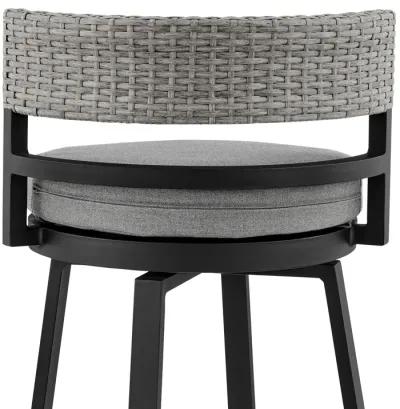 Encinitas Outdoor Patio Swivel Bar Stool in Aluminum and Wicker with Grey Cushions