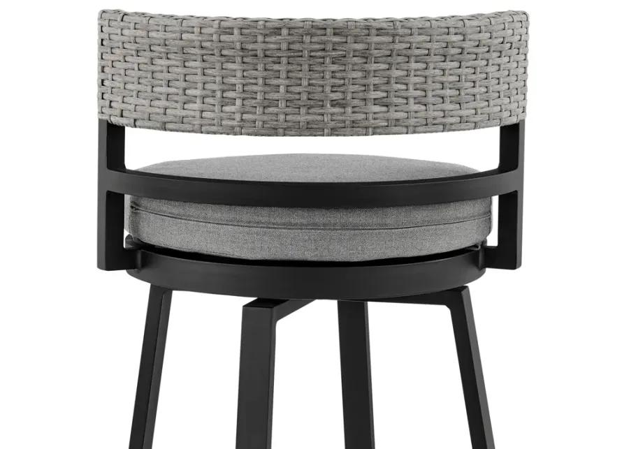 Encinitas Outdoor Patio Swivel Bar Stool in Aluminum and Wicker with Grey Cushions