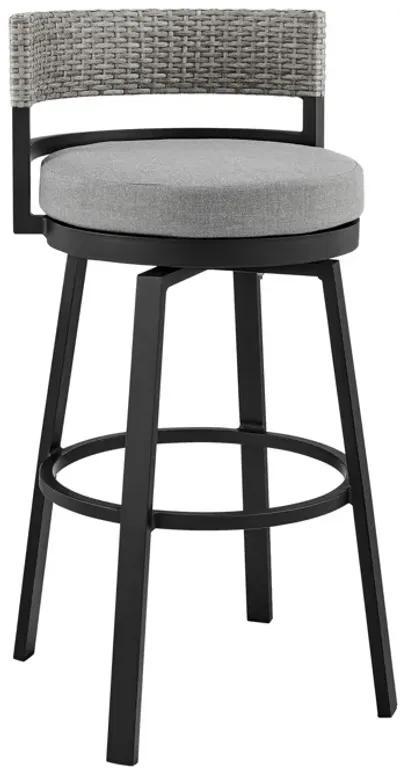 Encinitas Outdoor Patio Swivel Bar Stool in Aluminum and Wicker with Grey Cushions