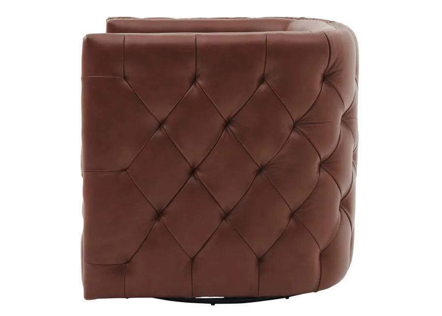 leslie top grain leather swivel tufted accent arm chair, garrett brown