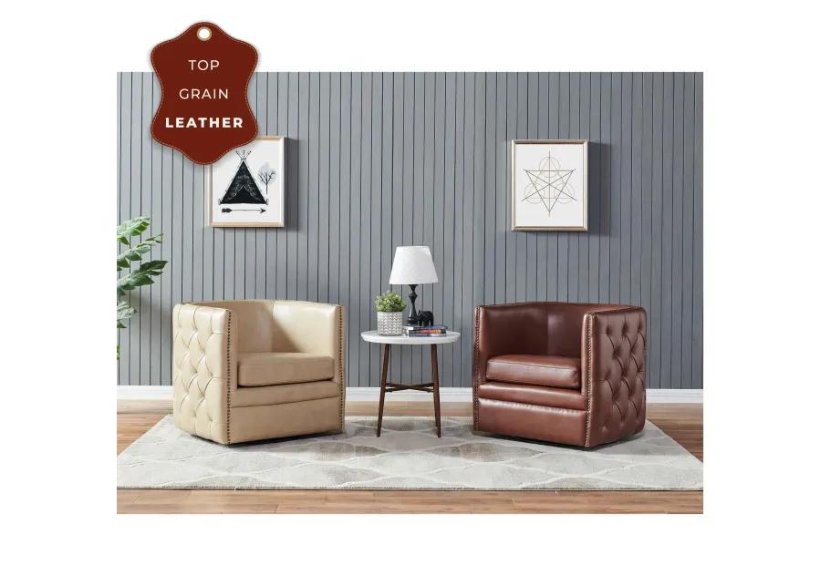 leslie top grain leather swivel tufted accent arm chair, garrett brown