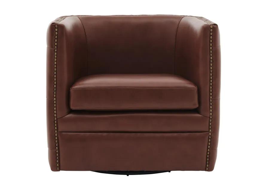 leslie top grain leather swivel tufted accent arm chair, garrett brown