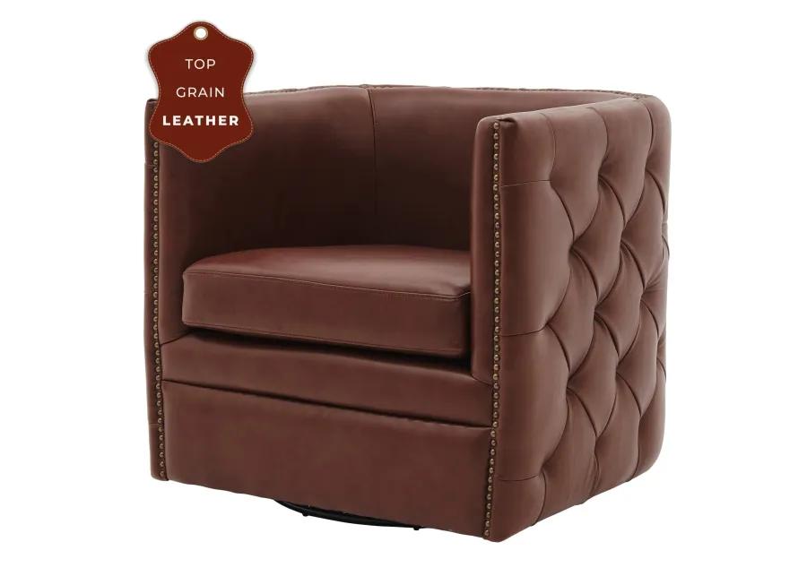 leslie top grain leather swivel tufted accent arm chair, garrett brown