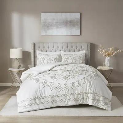 Madison Park Violette Ivory/Taupe 3 Piece Tufted Cotton Chenille Comforter Set