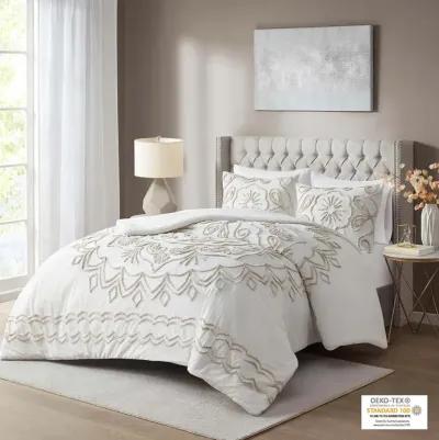 Madison Park Violette Ivory/Taupe 3 Piece Tufted Cotton Chenille Comforter Set