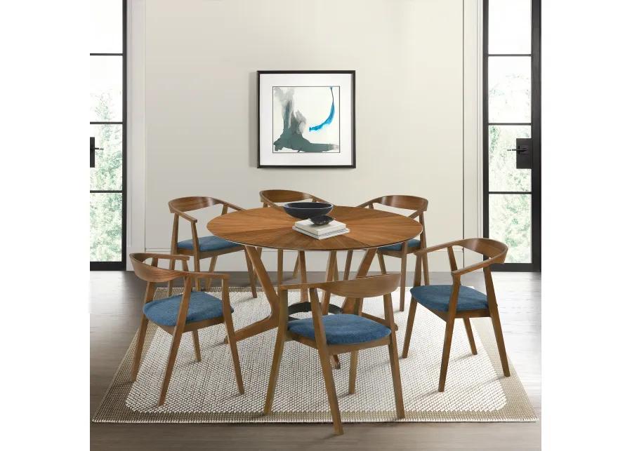 Santana 7 Piece Round Walnut Wood Dining Table Set with Blue Fabric