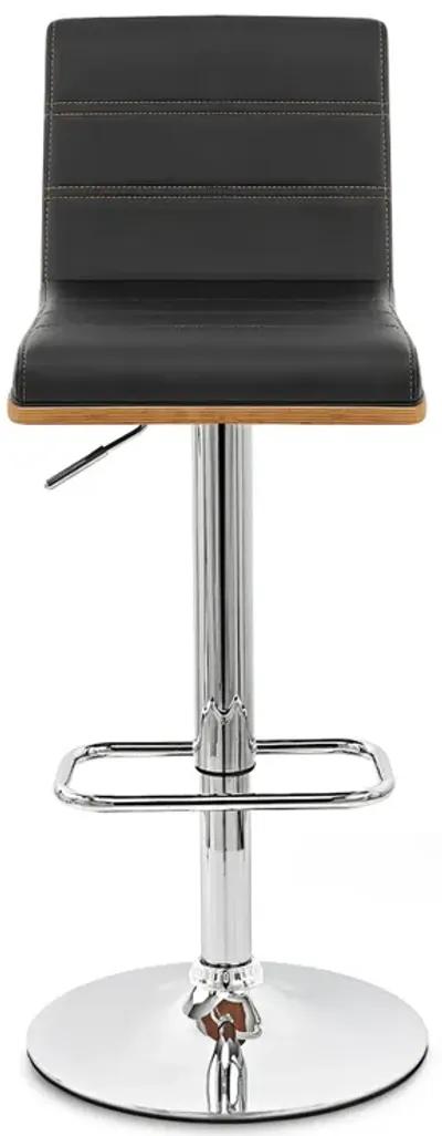 Aubrey Adjustable Height Swivel Black Faux Leather and Chrome Bar Stool with Walnut Wood