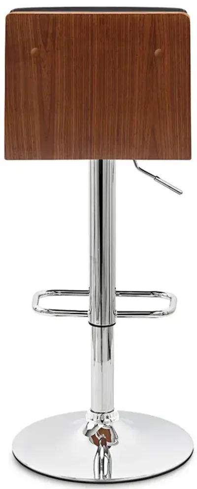 Aubrey Adjustable Height Swivel Black Faux Leather and Chrome Bar Stool with Walnut Wood