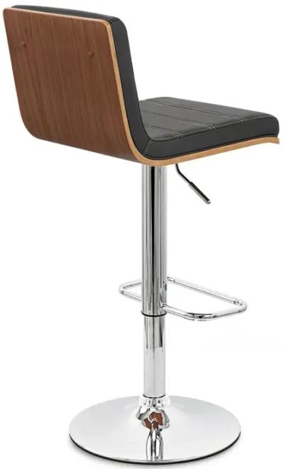 Aubrey Adjustable Height Swivel Black Faux Leather and Chrome Bar Stool with Walnut Wood