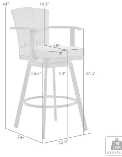 Hazel Outdoor Patio Swivel Bar Stool in Aluminum with Teak Wood and Charcoal Cushion