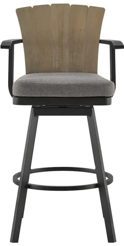 Hazel Outdoor Patio Swivel Bar Stool in Aluminum with Teak Wood and Charcoal Cushion