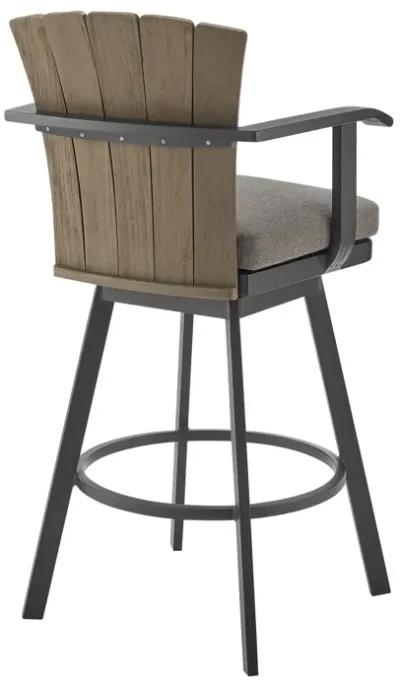 Hazel Outdoor Patio Swivel Bar Stool in Aluminum with Teak Wood and Charcoal Cushion