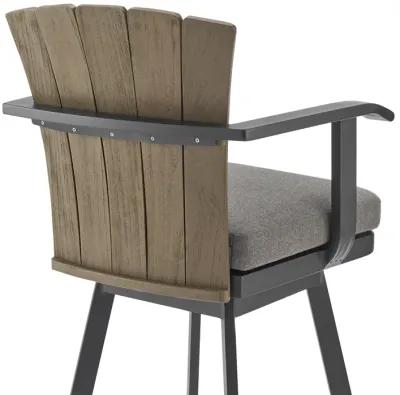 Hazel Outdoor Patio Swivel Bar Stool in Aluminum with Teak Wood and Charcoal Cushion