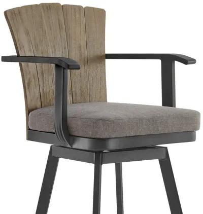 Hazel Outdoor Patio Swivel Bar Stool in Aluminum with Teak Wood and Charcoal Cushion