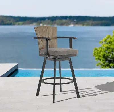 Hazel Outdoor Patio Swivel Bar Stool in Aluminum with Teak Wood and Charcoal Cushion