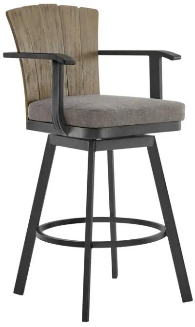 Hazel Outdoor Patio Swivel Bar Stool in Aluminum with Teak Wood and Charcoal Cushion