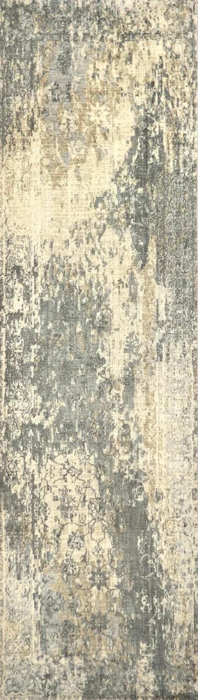 Gossamer Dark Gray Floral Distress 100% New Zealand Wool 2'6" x 10' Runner Rug