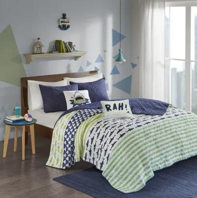 Urban Habitat Kids Finn Green / Navy Shark Reversible Cotton Quilt Set with Throw Pillows