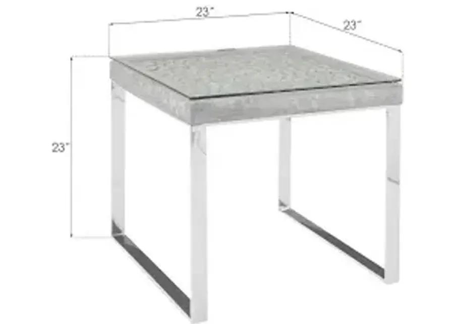 driftwood side table, wood, glass, stainless steel base, scaff finish