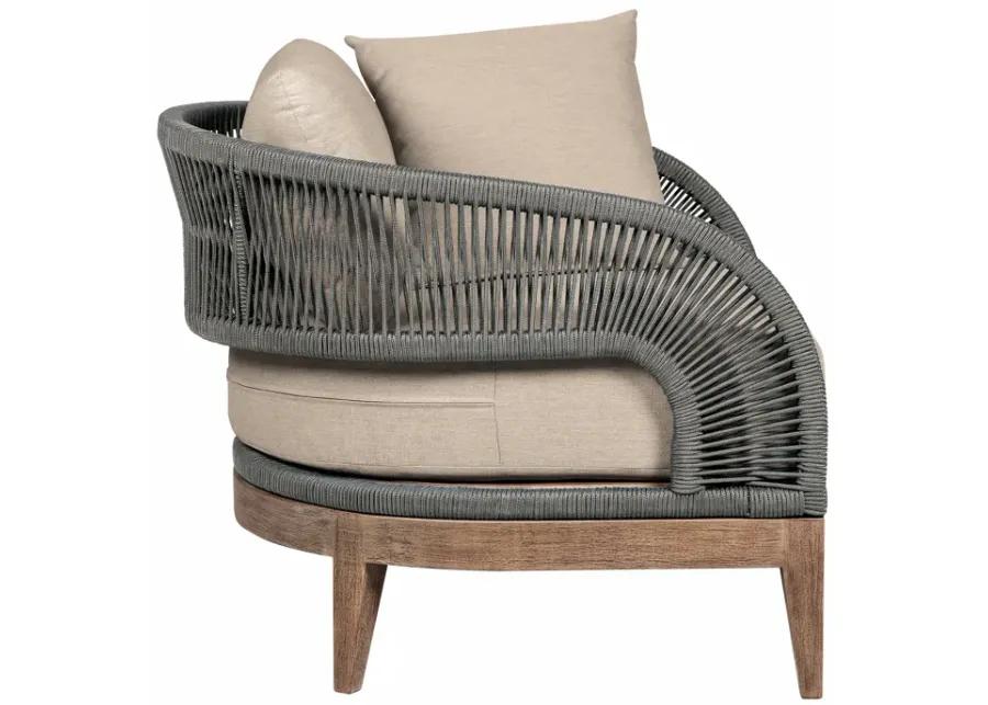 Orbit Outdoor Patio Chair in Weathered Eucalyptus Wood with Gray Rope and Taupe Olefin Cushions