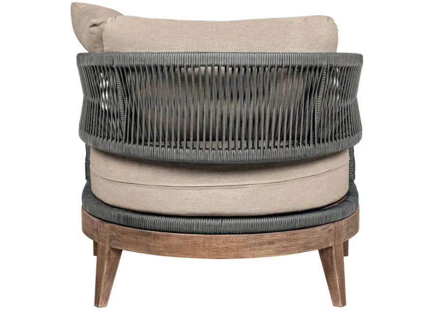 Orbit Outdoor Patio Chair in Weathered Eucalyptus Wood with Gray Rope and Taupe Olefin Cushions