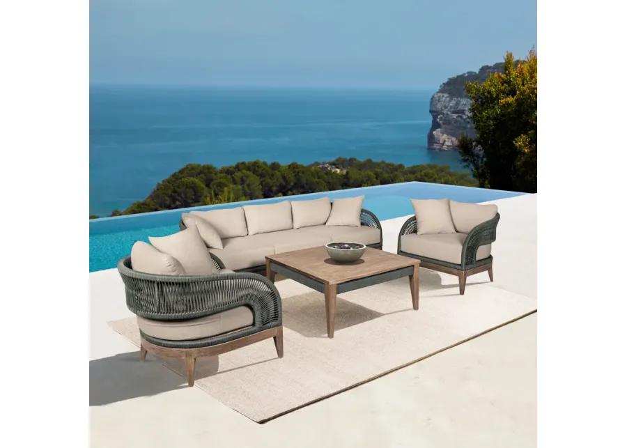 Orbit Outdoor Patio Chair in Weathered Eucalyptus Wood with Gray Rope and Taupe Olefin Cushions