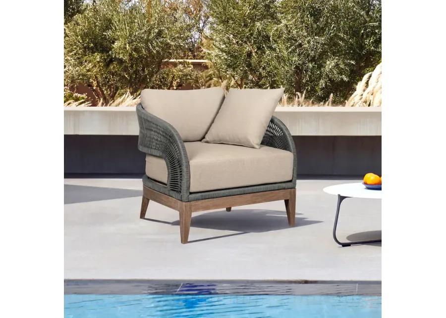 Orbit Outdoor Patio Chair in Weathered Eucalyptus Wood with Gray Rope and Taupe Olefin Cushions