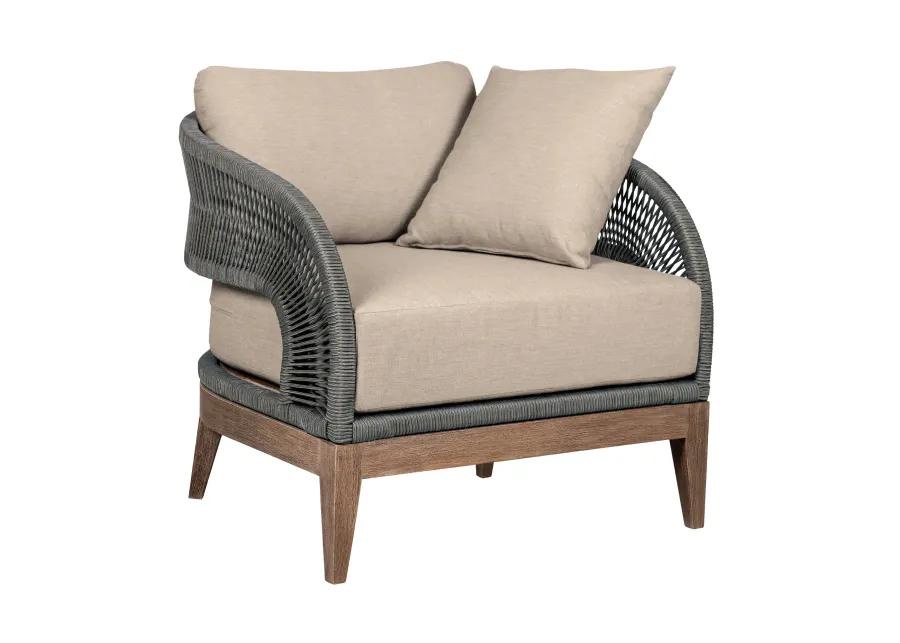 Orbit Outdoor Patio Chair in Weathered Eucalyptus Wood with Gray Rope and Taupe Olefin Cushions