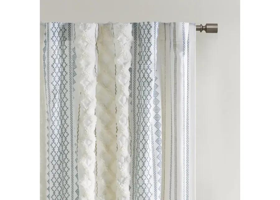 INK+IVY Imani White/Navy Cotton Printed Curtain Panel with Chenille Stripe and Lining